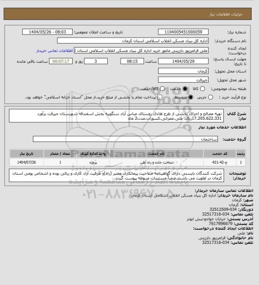 استعلام تهیه مصالح و اجرای بخشی از طرح هادی روستای عباس آباد سنگوییه بخش اسفندقه شهرستان جیرفت برآورد 17.205.622.331ریال. ملی.عمرانی.کسورات.مدت2 ماه