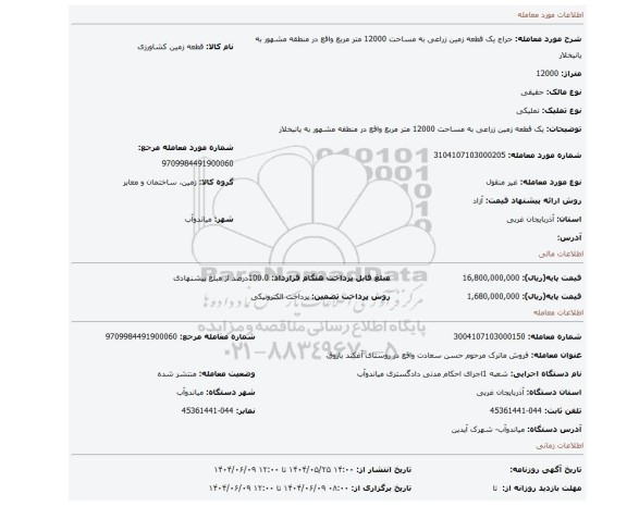 مزایده، یک قطعه زمین زراعی به مساحت 12000 متر مربع واقع در منطقه مشهور به یانیخلار
