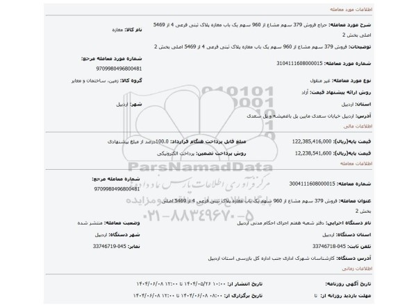 مزایده، فروش  379 سهم مشاع از 960 سهم یک باب مغازه پلاک ثبتی فرعی 4 از 5469 اصلی بخش 2