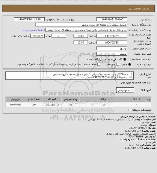 استعلام قند حبه 250کیلو .بسته بندی پلاستیکی ....هزینه حمل به عهده فروشنده می باشد.تسویه20روزکاری.09173771734هنرمند