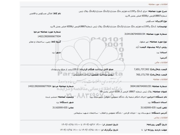 مزایده، 1دانگ و1197ده هزارم دانگ مشاع از3دانگ مشاع از6دانگ پلاک ثبتی شماره18807فرعی از6556 اصلی بخش 8 یزد