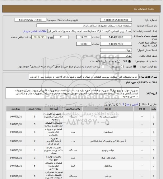 استعلام خرید تجهیزات فنی مطابق پیوست
قطعات اورجینال و آکبند باشند
دارای گارانتی و خدمات پس از فروش