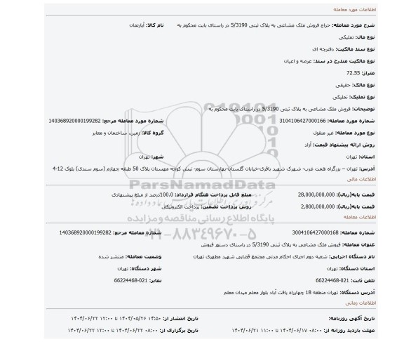 مزایده، فروش ملک مشاعی به پلاک ثبتی 5/3190  در راستای بابت محکوم به