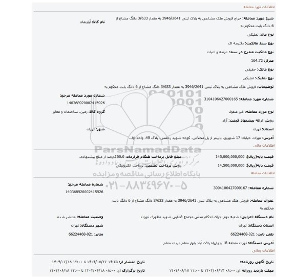مزایده، فروش ملک مشاعی به پلاک ثبتی 3946/2641  به مقدار 3/633 دانگ  مشاع از 6 دانگ  بابت محکوم به