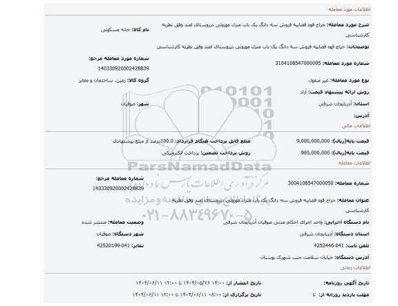 مزایده، حراج قوه قضاییه فروش سه دانگ یک باب منزل موروثی درروستای امند وفق نظریه کارشناسی