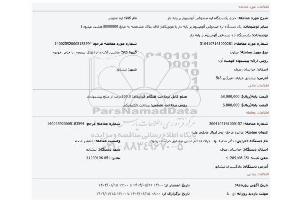 مزایده، یکدستگاه اره صندوقی آلومینیوم بر پایه دار