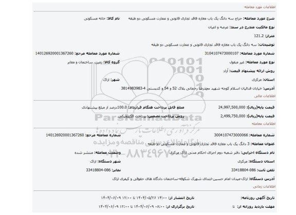 مزایده، سه دانگ یک باب مغازه فاقد تجاری قانونی و عمارت مسکونی دو طبقه