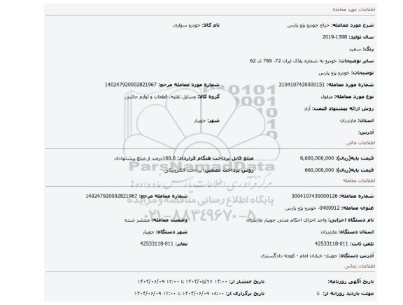 مزایده، خودرو پژو پارس
