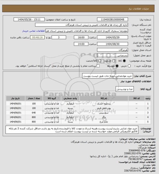 استعلام خرید موادغذایی ادویه جات طبق لیست پیوست