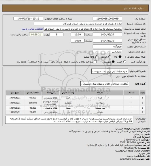 استعلام خرید موادغذایی برابر لیست پیوست