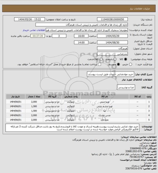 استعلام خرید موادغذایی حبوبات طبق لیست پیوست