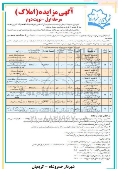 مزایده فروش تعداد 8 قطعه از املاک با کاربری مسکونی و تجاری مرحله اول - نوبت دوم