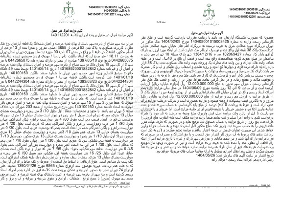 مزایده فروش یک قطعه آپارتمان مسکونی با پلاک ثبتی 52 فرعی از 3855 اصلی