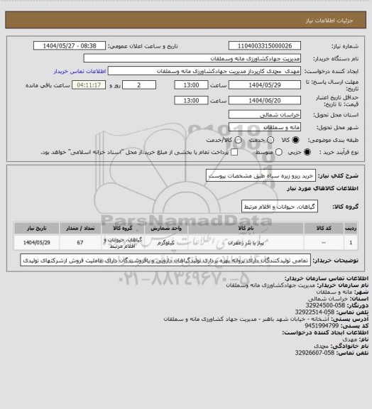 استعلام خرید ریزو زیره سیاه طبق مشخصات پیوست