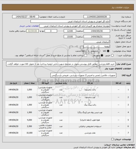 استعلام خرید اقلام ورزشی مطابق فایل پیوستی.تحویل در مجتمع شهید رجایی ارومیه پرداخت بعد از تحویل کالا صورت خواهد گرفت.