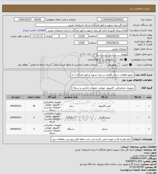استعلام تجهیز قطعات سخت افزاری در بنیاد شهید و امور ایثارگران آ.غ