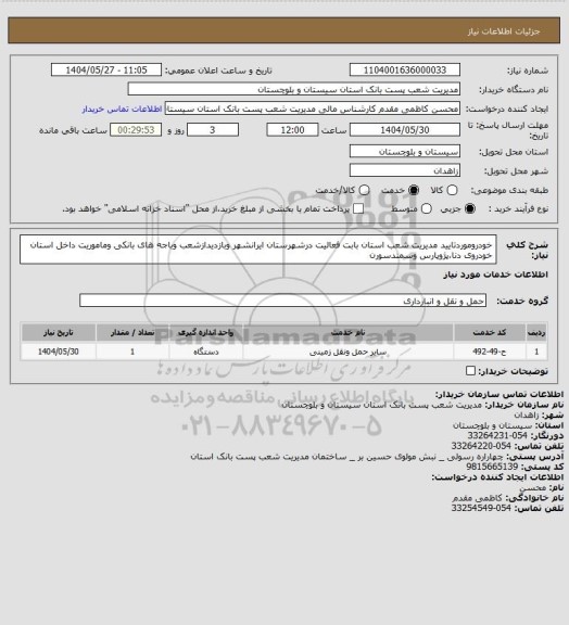 استعلام خودروموردتایید مدیریت شعب استان بابت فعالیت درشهرستان ایرانشهر وبازدیدازشعب وباجه های بانکی وماموریت داخل استان خودروی دنا،پژوپارس وسمندسورن
