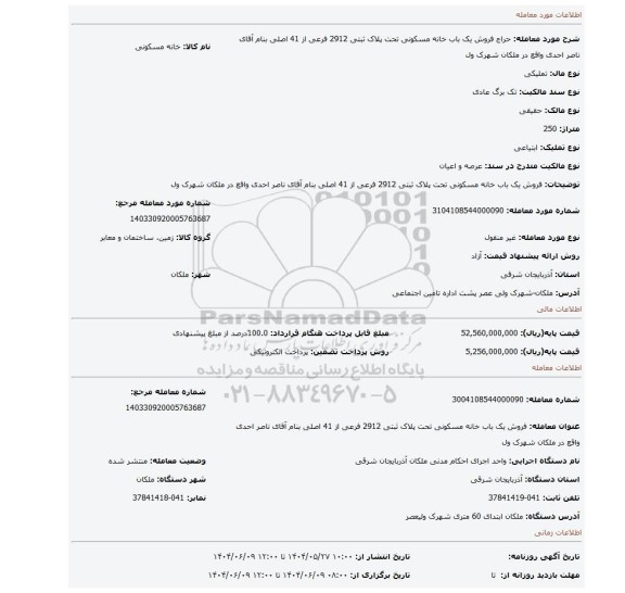 مزایده، فروش یک باب خانه مسکونی تحت پلاک ثبتی 2912 فرعی از 41 اصلی بنام آقای ناصر احدی واقع در ملکان شهرک ول