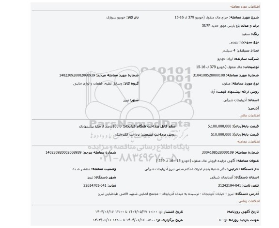 مزایده،  مال منقول (خودرو 379 ل 16-15