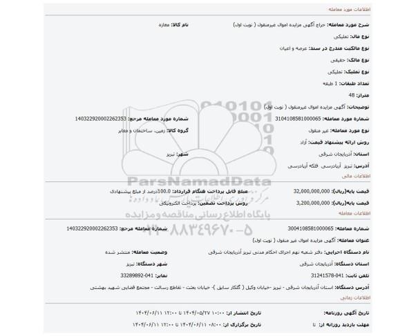 مزایده،  آگهی مزایده اموال غیرمنقول ( نوبت اول)
