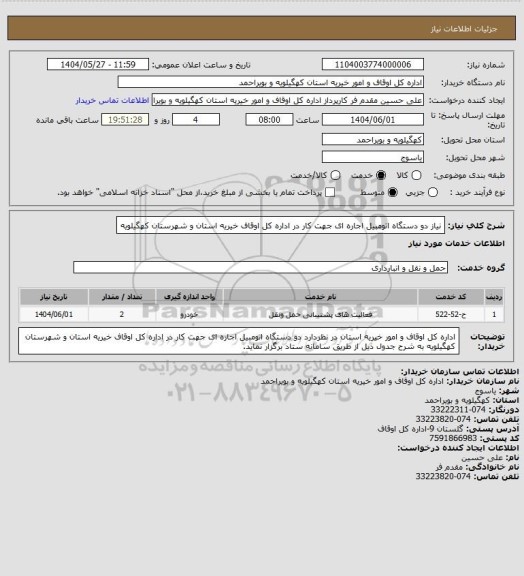 استعلام نیاز دو دستگاه اتومبیل اجاره ای جهت کار در اداره کل اوقاف خیریه استان و شهرستان کهگیلویه