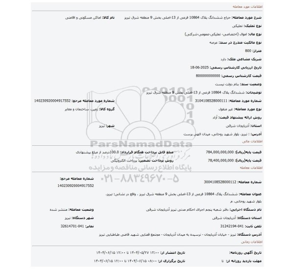 مزایده، ششدانگ پلاک 10864 فرعی از 13-اصلی بخش 9 منطقه شرق تبریز