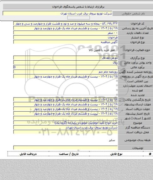 مناقصه, خرید انواع کلید اتوماتیک موتوردار یکپارچه (گروه یک)