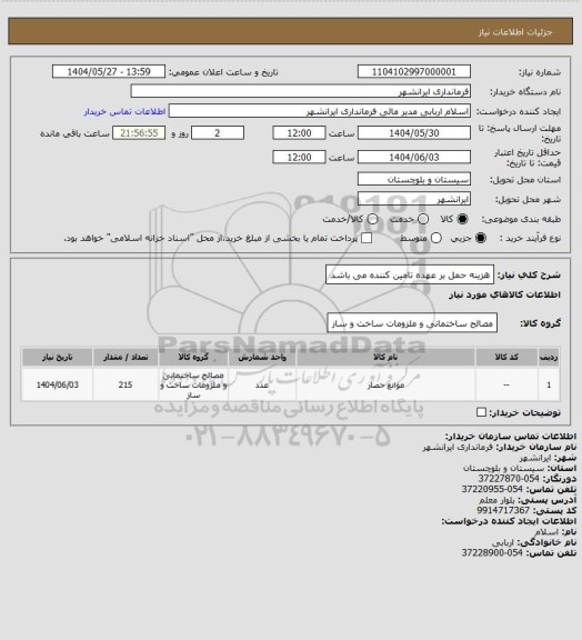 استعلام هزینه حمل بر عهده تامین کننده می باشد