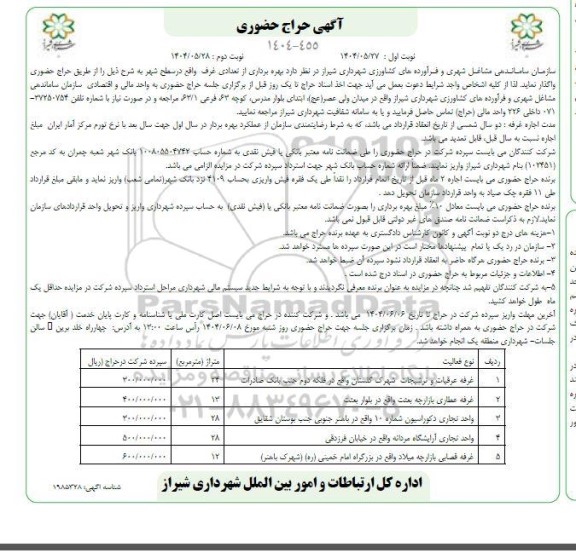 حراج حضوری بهره برداری از تعدادی غرف ...نوبت دوم