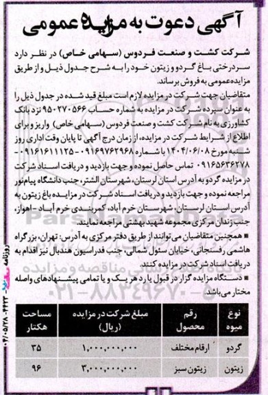 مزایده فروش   سر درختی باغ گردو و زیتون