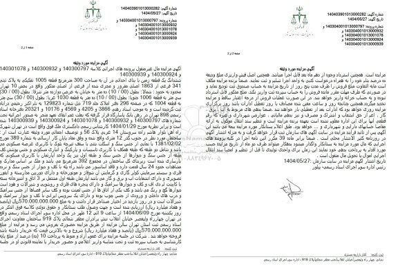 مزایده فروش ششدانگ یک قطعه زمین به مساحت 300 مترمربع 