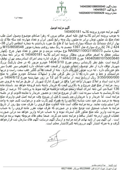 مزایده فروش خودرو سایپا تیبا 2 هایچ بک