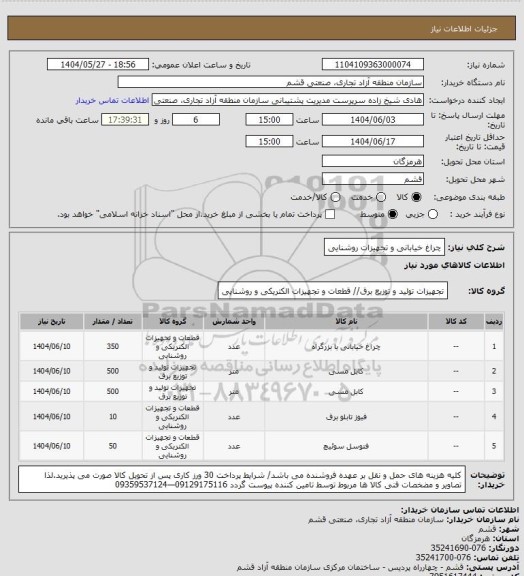 استعلام چراغ خیابانی و  تجهیزات روشنایی، سامانه ستاد