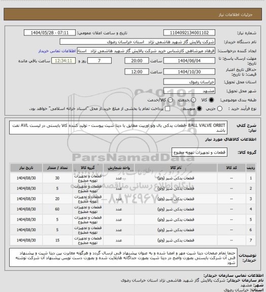 استعلام BALL VALVE ORBIT -قطعات یدکی بال ولو اوربیت مطابق با دیتا شیت پیوست - تولید کننده کالا بایستی در لیست AVL نفت باشد