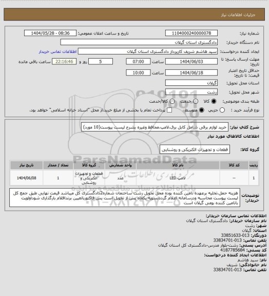 استعلام خرید لوازم برقی شامل کابل برق،لامپ،محافظ وغیره بشرح لیست پیوست(10 مورد)