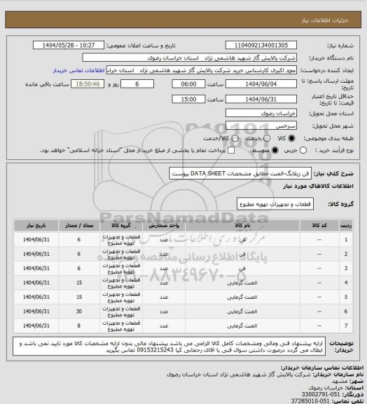 استعلام فن زیلابگ-المنت مطابق مشخصات DATA SHEET پیوست