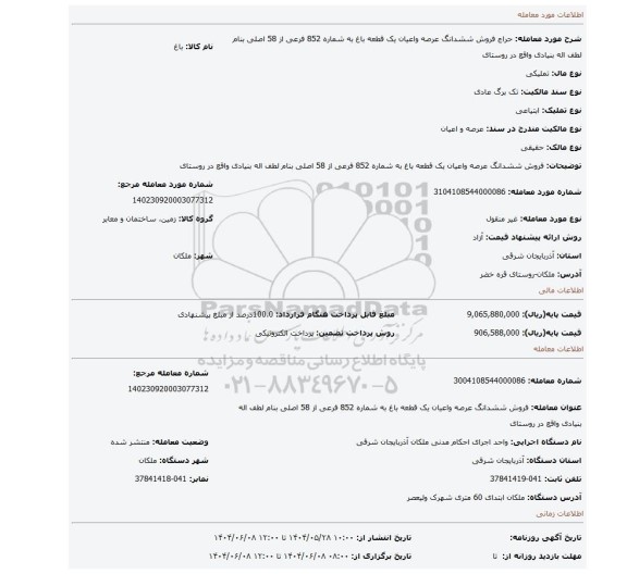 مزایده، فروش ششدانگ عرصه واعیان یک قطعه باغ به شماره 852 فرعی از 58 اصلی بنام لطف اله بنیادی واقع در روستای