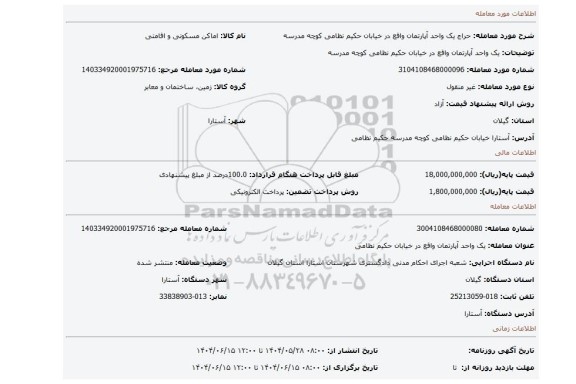 مزایده، یک واحد آپارتمان واقع در خیابان حکیم نظامی کوچه مدرسه
