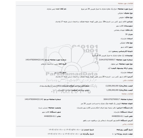 مزایده، یک مغازه تجاری به متراژ تقریبی 30 متر مربع