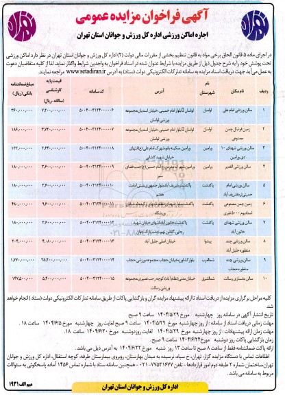 مزایده اجاره اماکن ورزشی اداره کل ورزش و جوانان 