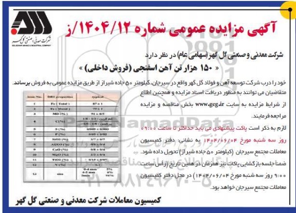 مزایده فروش 150 هزار تن آهن اسفنجی 