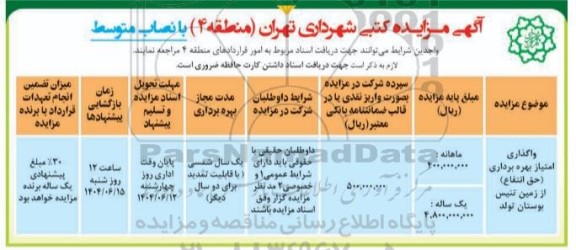 مزایده کتبی واگذاری امتیاز بهره برداری (حق انتفاع) از زمین تنیس بوستان تولد 