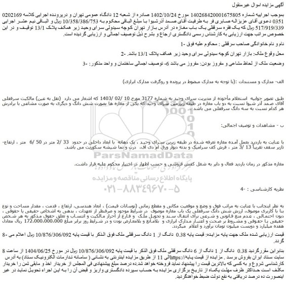 مزایده شش دانگ سرقفلی یک باب مغازه