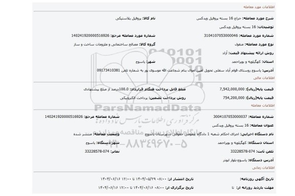مزایده، 16 بسته پروفیل ویدکس