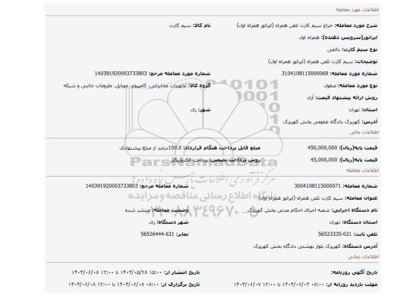 مزایده، سیم کارت تلفن همراه (اپراتور همراه اول)