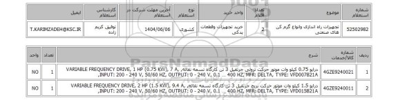 استعلام تجهیزات راه اندازی وانواع گرم کن های صنعتی
