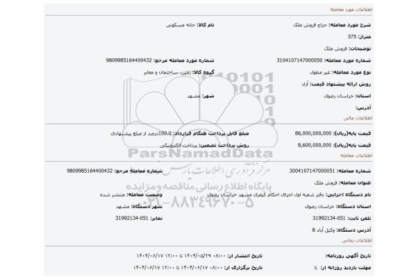 مزایده، فروش ملک