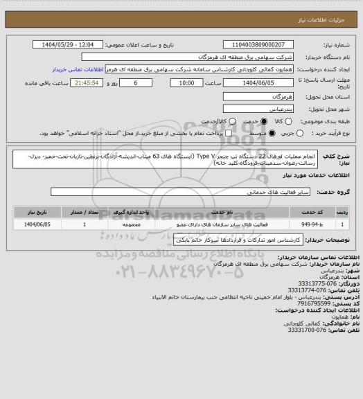 استعلام انجام عملیات اورهال 22 دستگاه تپ چنجر Type V (ایستگاه های 63 میناب-اندیشه-آزادگان-برنطین-تازیان-تخت-خمیر- دیزل-رسالت-رضوان-سدمیناب-فرودگاه-کلید خانه)