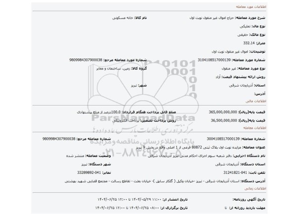 مزایده، اموال غیر منقول نوبت اول