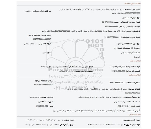 مزایده، دستور فروش پلاک ثبتی صفرفرعی از 5302اصلی واقع در بخش 5 تبریز به ارزش 122/100/000/000ضمنا تخلیه و تحو